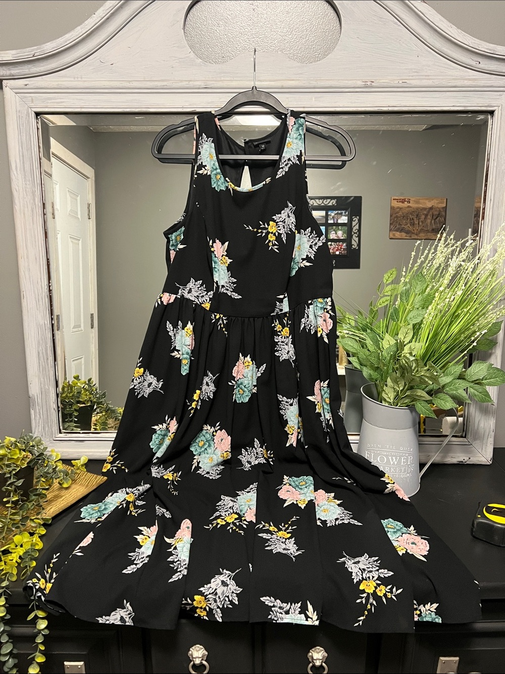 TORRID Black Floral Maxi Dress with Mint, Blush & Yellow Accents